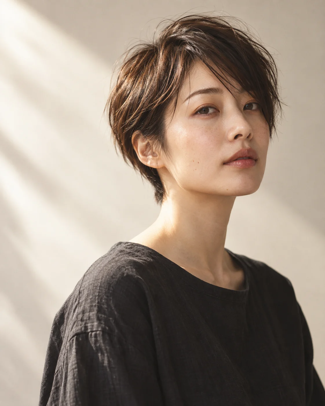 自然な短い髪と、すっきりした襟元の肖像