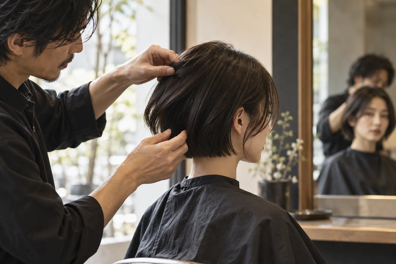美容師が鏡の前で利用者の髪を整える場面
