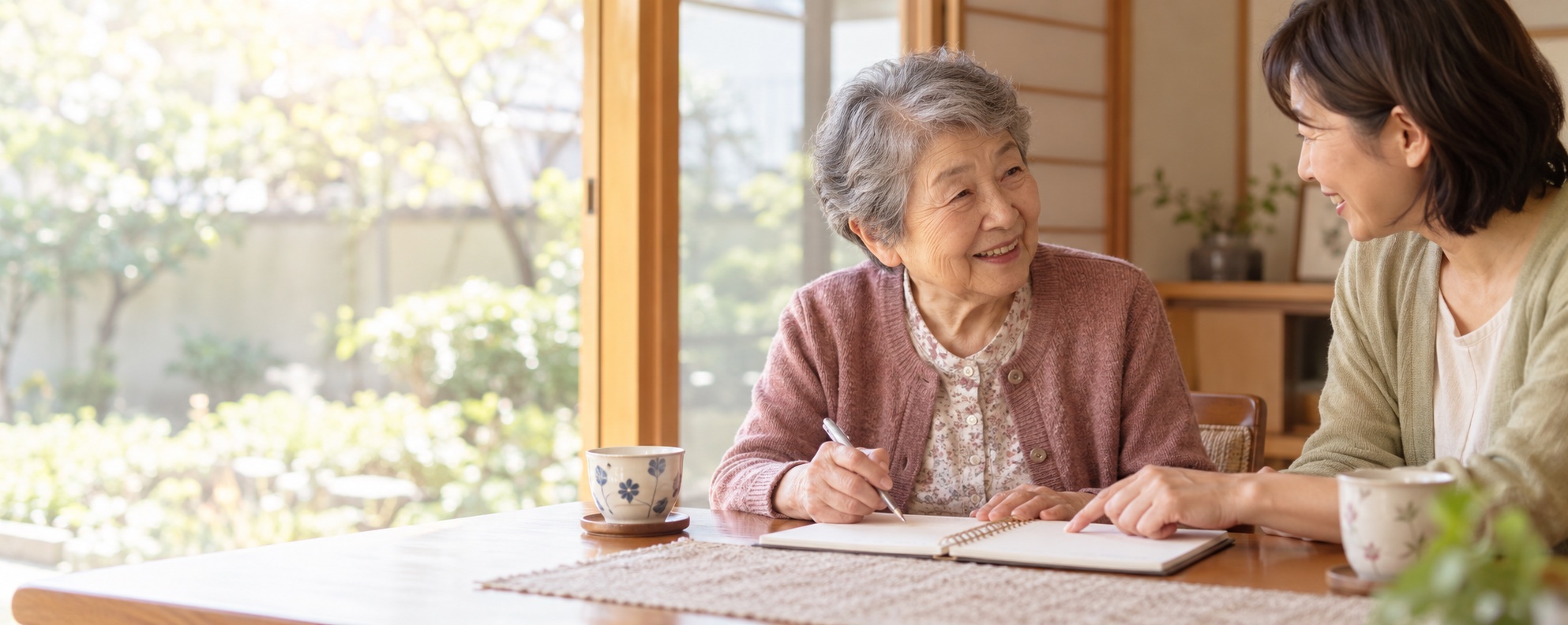 高齢の本人が家族とノートを囲み、希望を話し合う様子