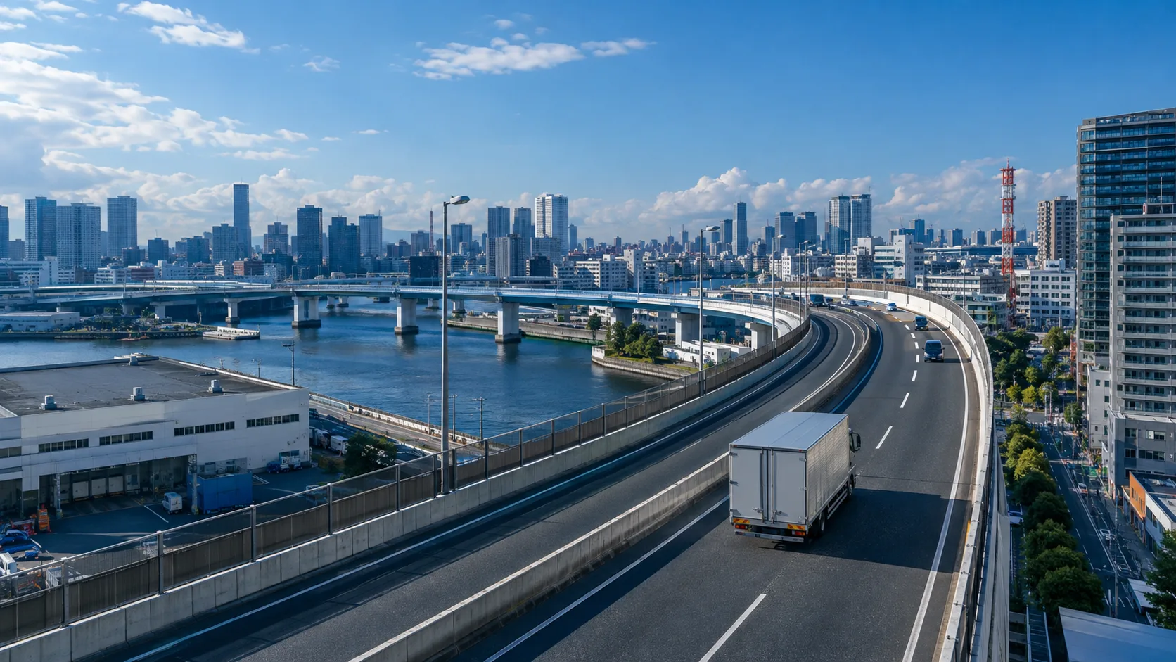 都市の道路を進む無地の貨物車
