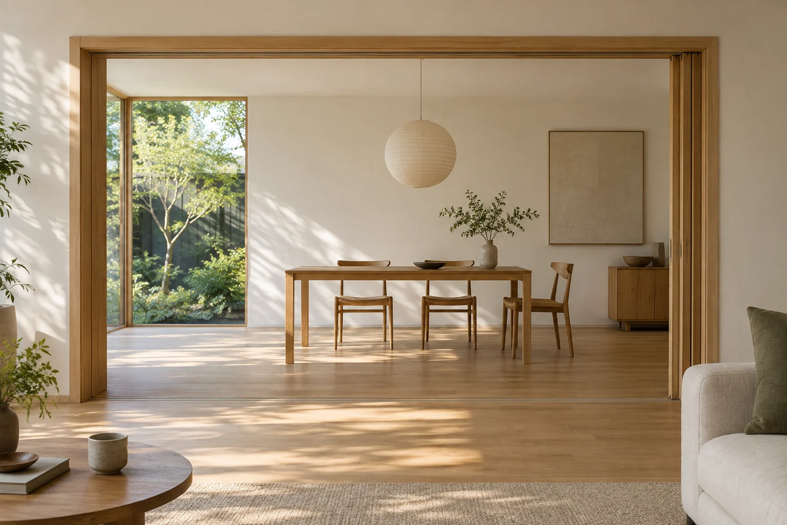 建具を開き、居間から食卓まで見渡せる木の空間