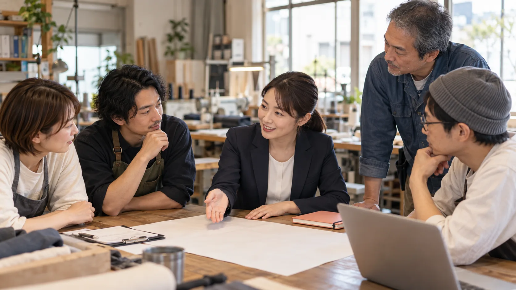 小規模な職場で働く人と管理者が仕事の進め方を話し合う
