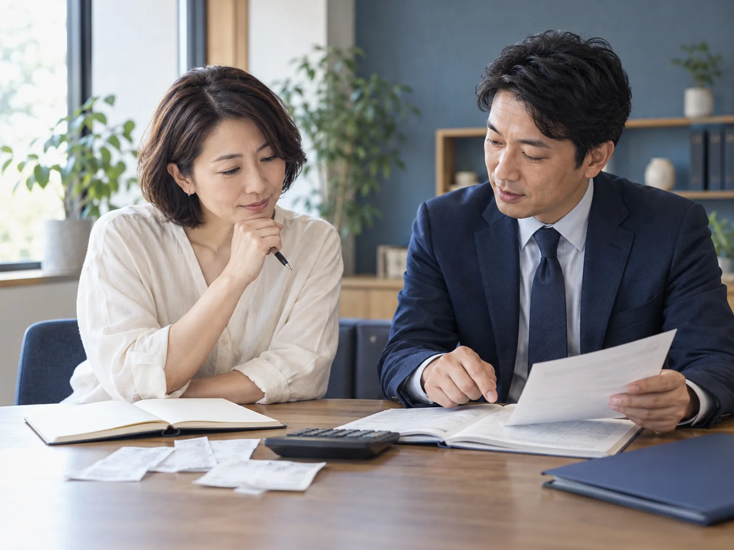 小規模事業者と税務の相談役が資料を見ながら対話する場面