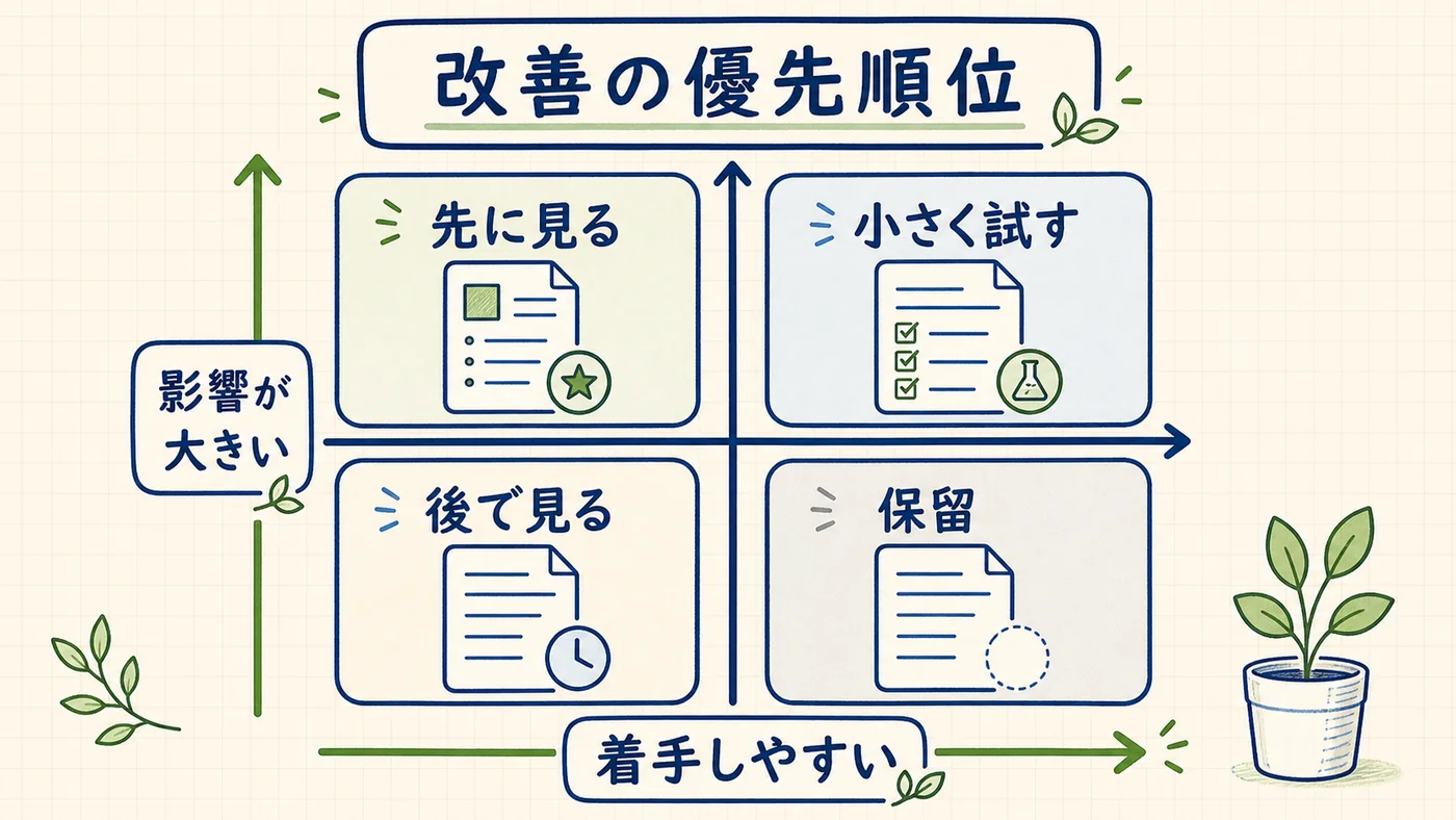 改善優先度をインパクト×工数の2軸マトリクスで判断する方法と月1回の改善サイクルを示すインフォグラフィック