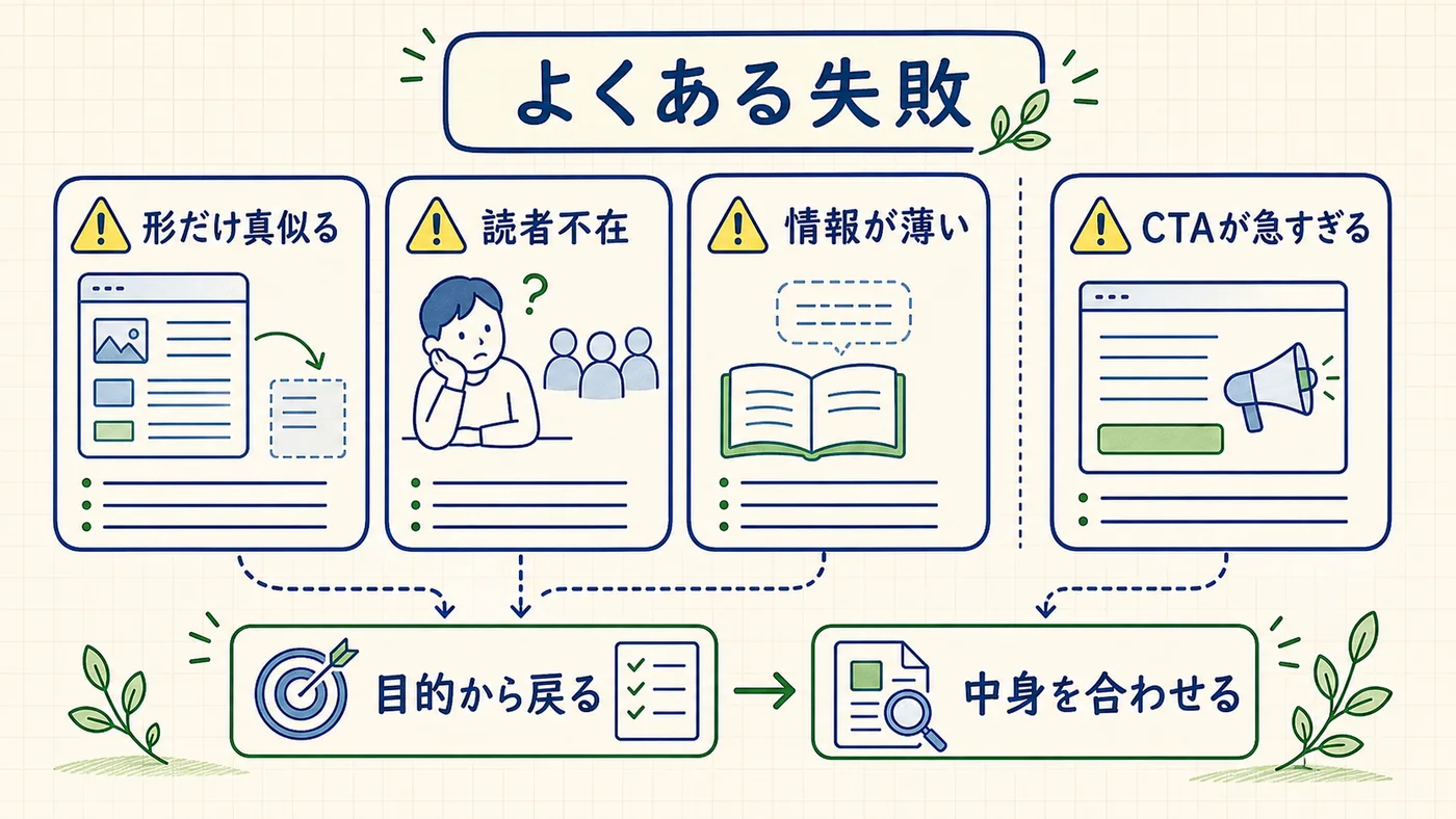 テンプレート活用時の5つの失敗パターンと対策。左に失敗パターン、右に対策が対応して並ぶ図。