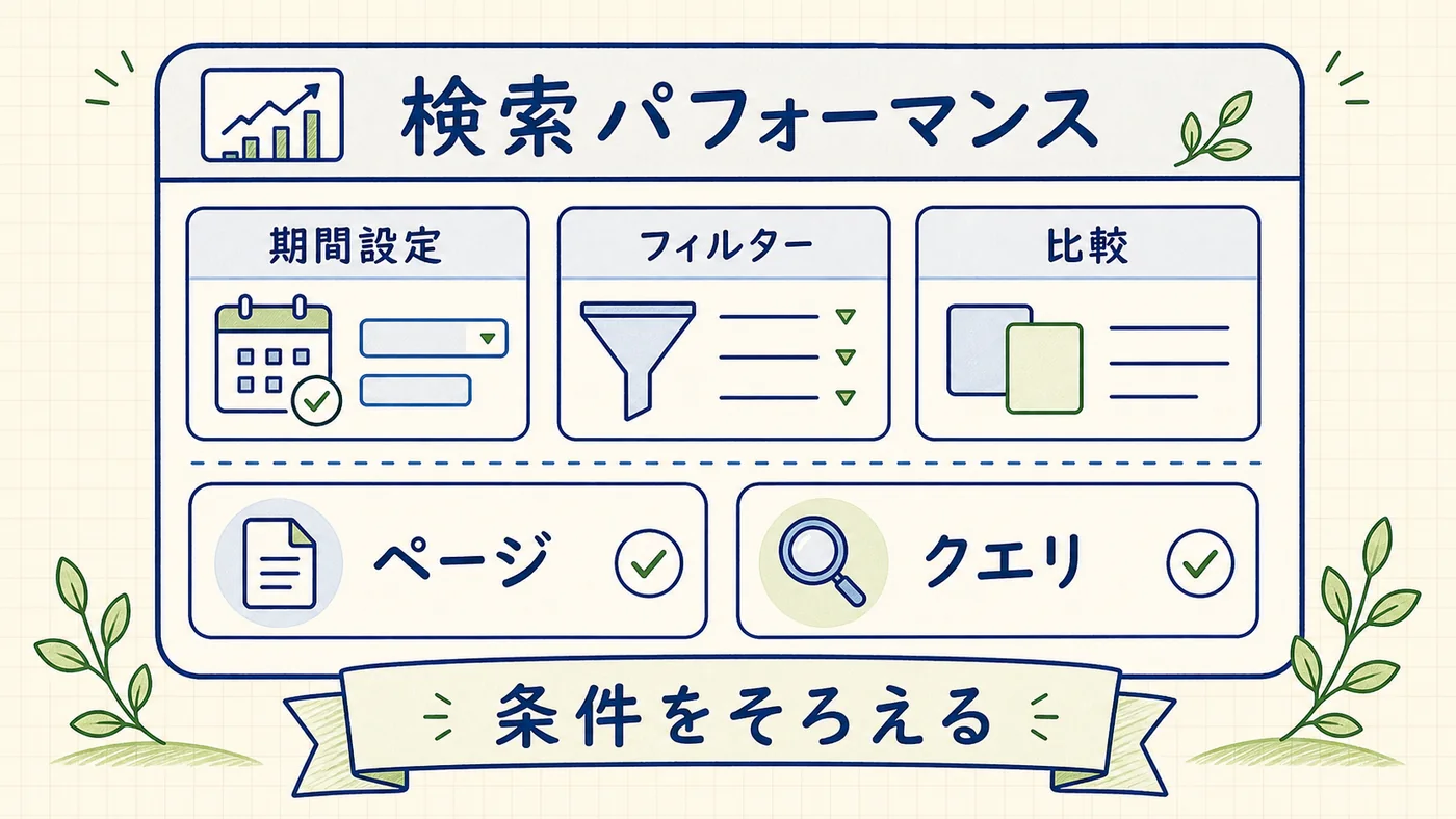 Search Console検索パフォーマンスレポートの画面構成と操作手順（期間設定・フィルター・比較）を示すインフォグラフィック