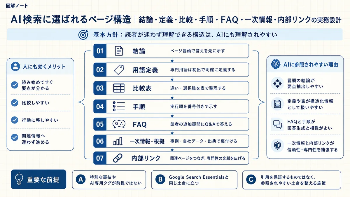 AI検索に選ばれるページ構造を結論、定義、比較、手順、FAQ、一次情報、内部リンクで整理した図解
