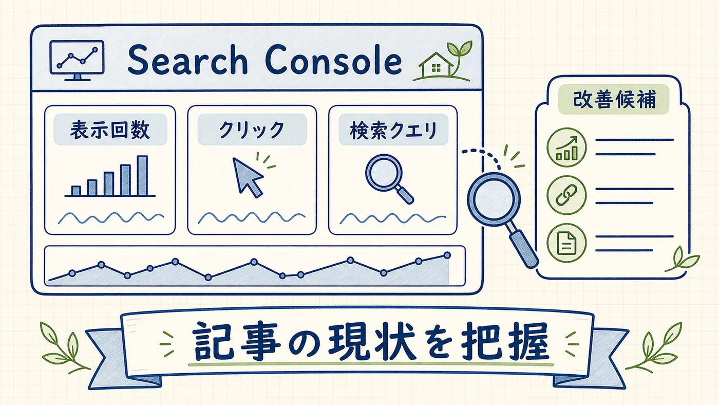 Search Consoleの5つの主要指標と改善アクションの対応を示した比較表型インフォグラフィック