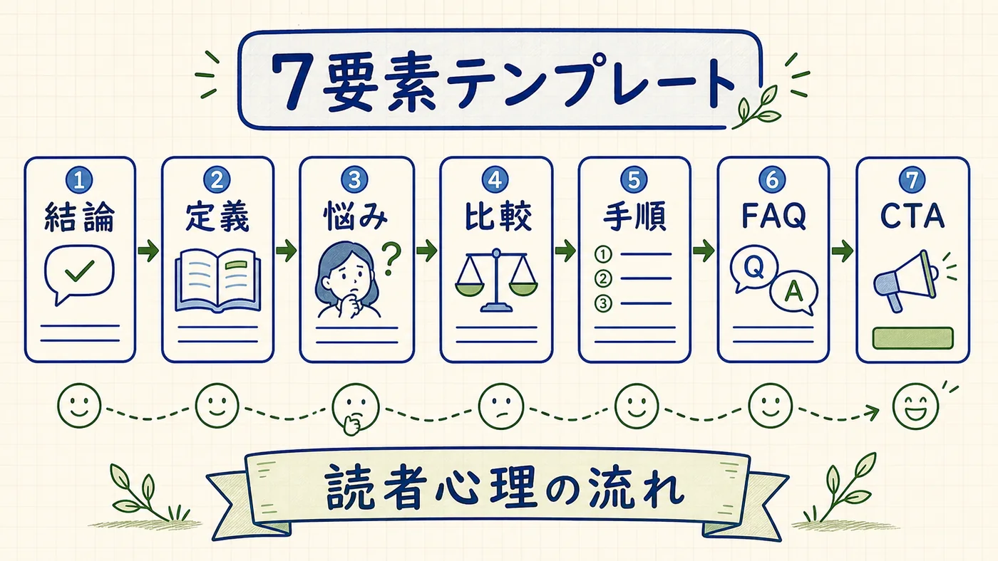 7要素が左から右へ矢印でつながるフロー図。各要素の下に対応する読者心理が記載されたインフォグラフィック