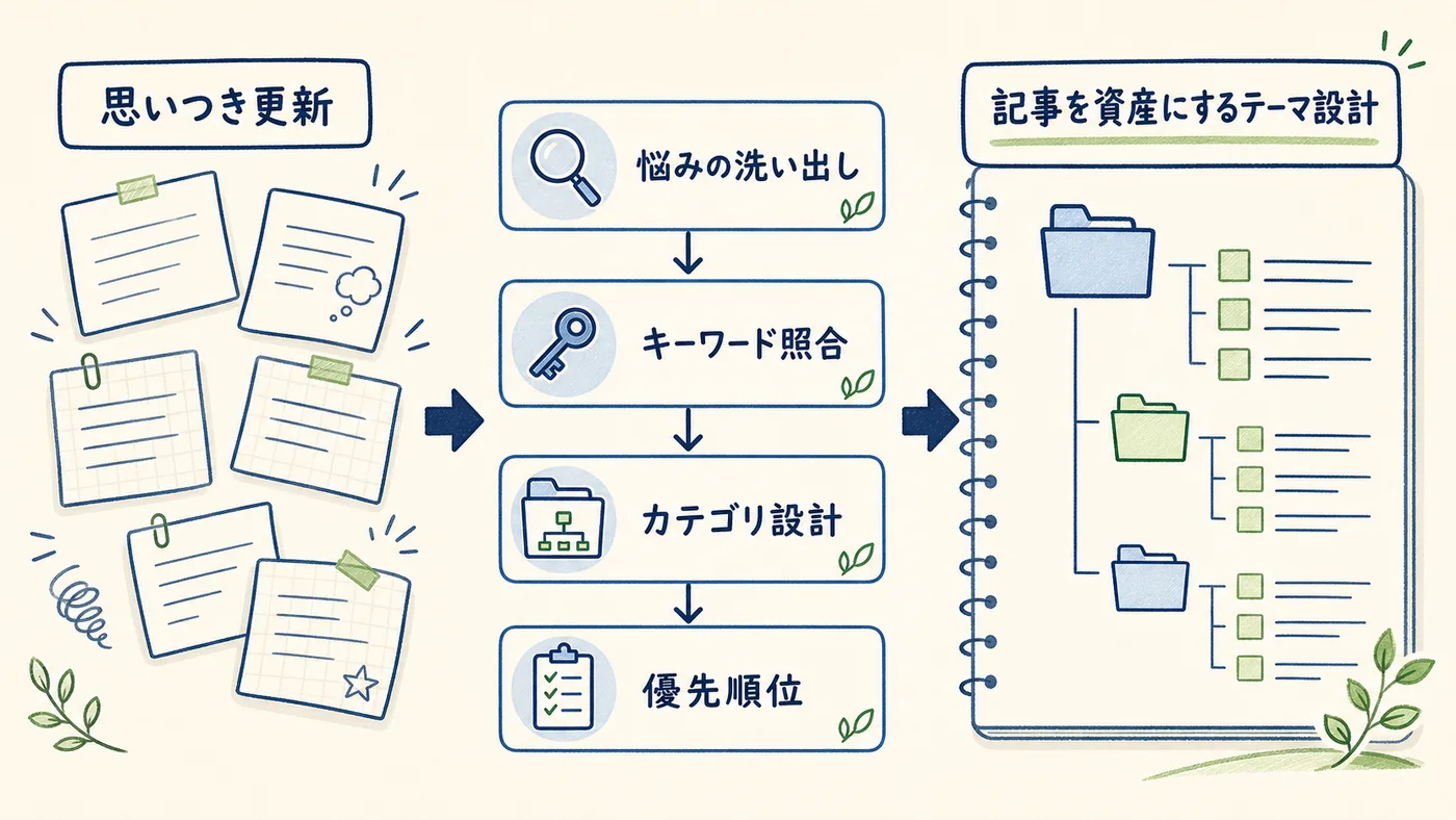 テーマ設計の4ステップを示したフローチャート型インフォグラフィック