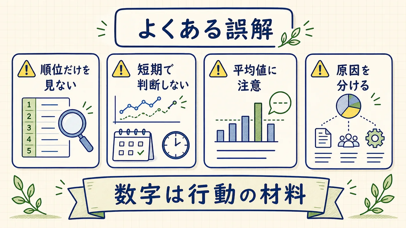 Search Consoleでよくある5つの誤解（平均順位の過信・SC単独完結・毎日チェック必須・表示0は無価値・順位変動に過剰反応）と正しい向き合い方