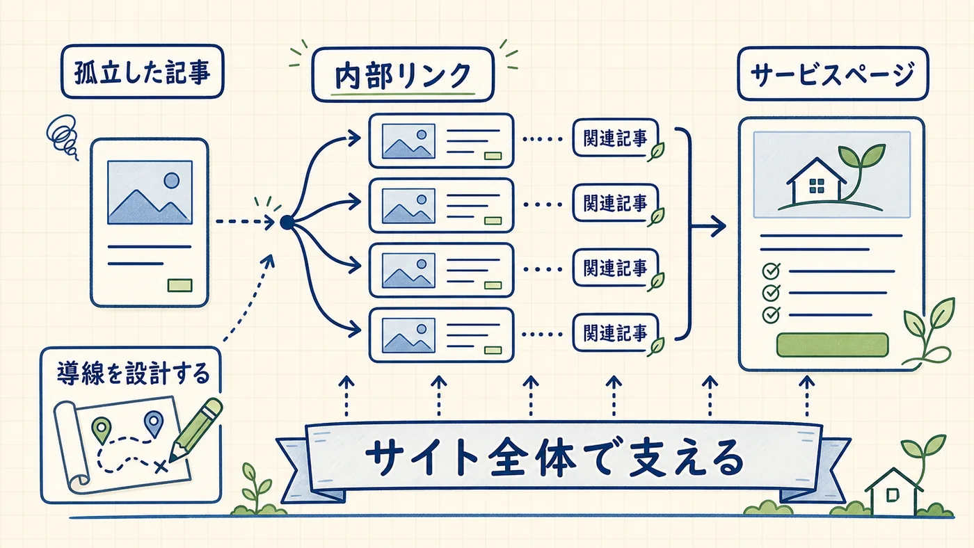 ピラーページとクラスター記事の内部リンク構造を示したインフォグラフィック