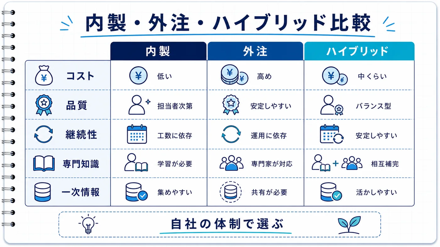 内製と外注の10項目比較表を視覚化した2列のアイコン付き比較図