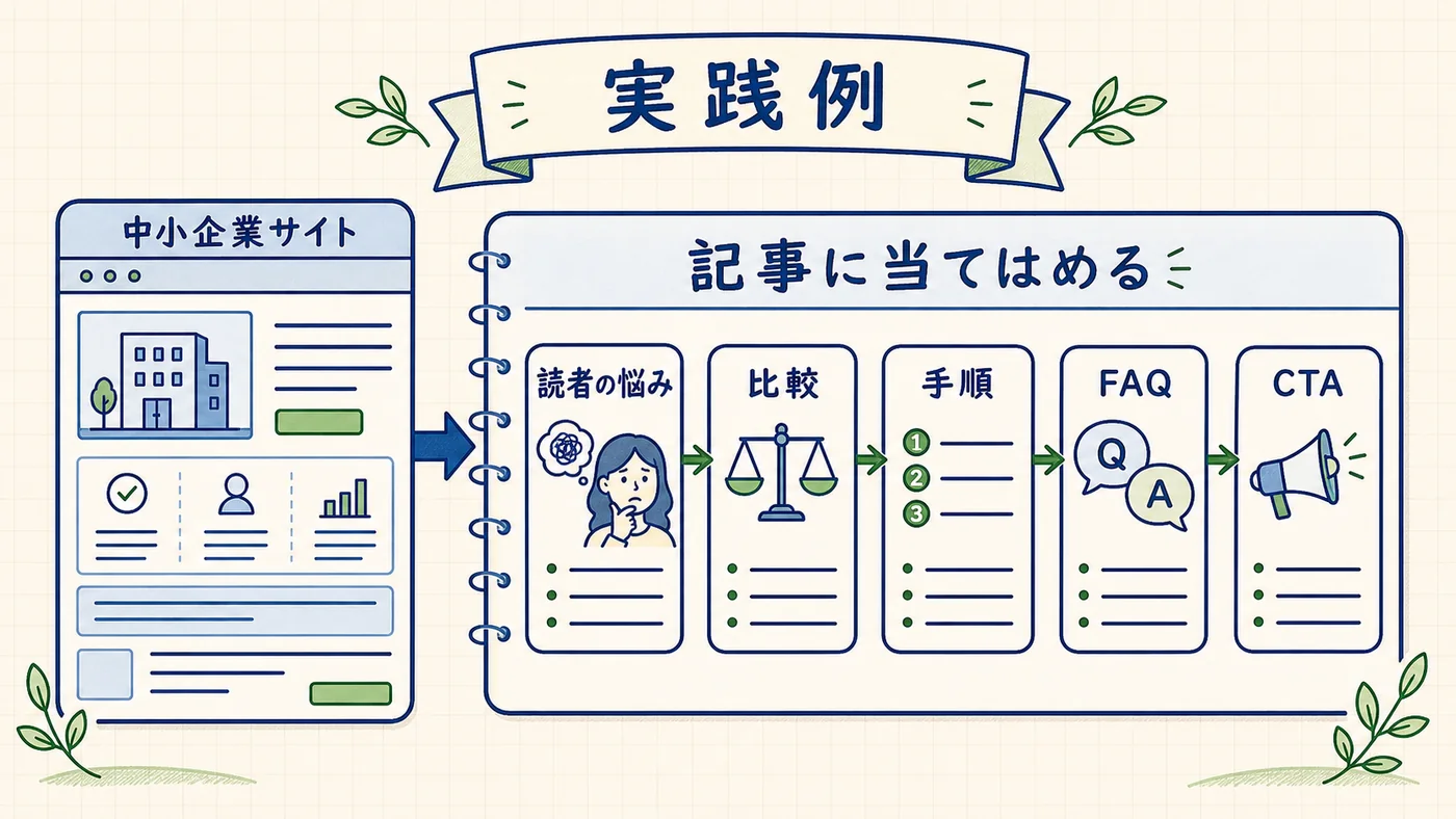 2業種の当てはめ例。製造業と税理士事務所の記事構成を7要素テンプレートに対応させた図。