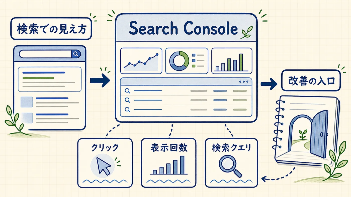 Search Consoleの3つの主要機能（検索パフォーマンス・インデックス状況・技術的問題検出）とGA4との役割分担を示すインフォグラフィック