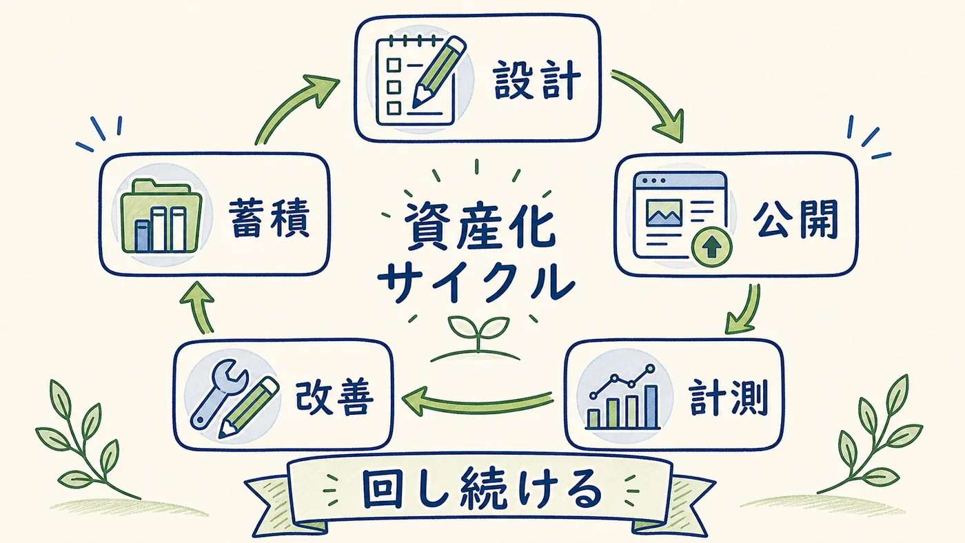 記事資産化の5ステップ円環サイクルを示したインフォグラフィック