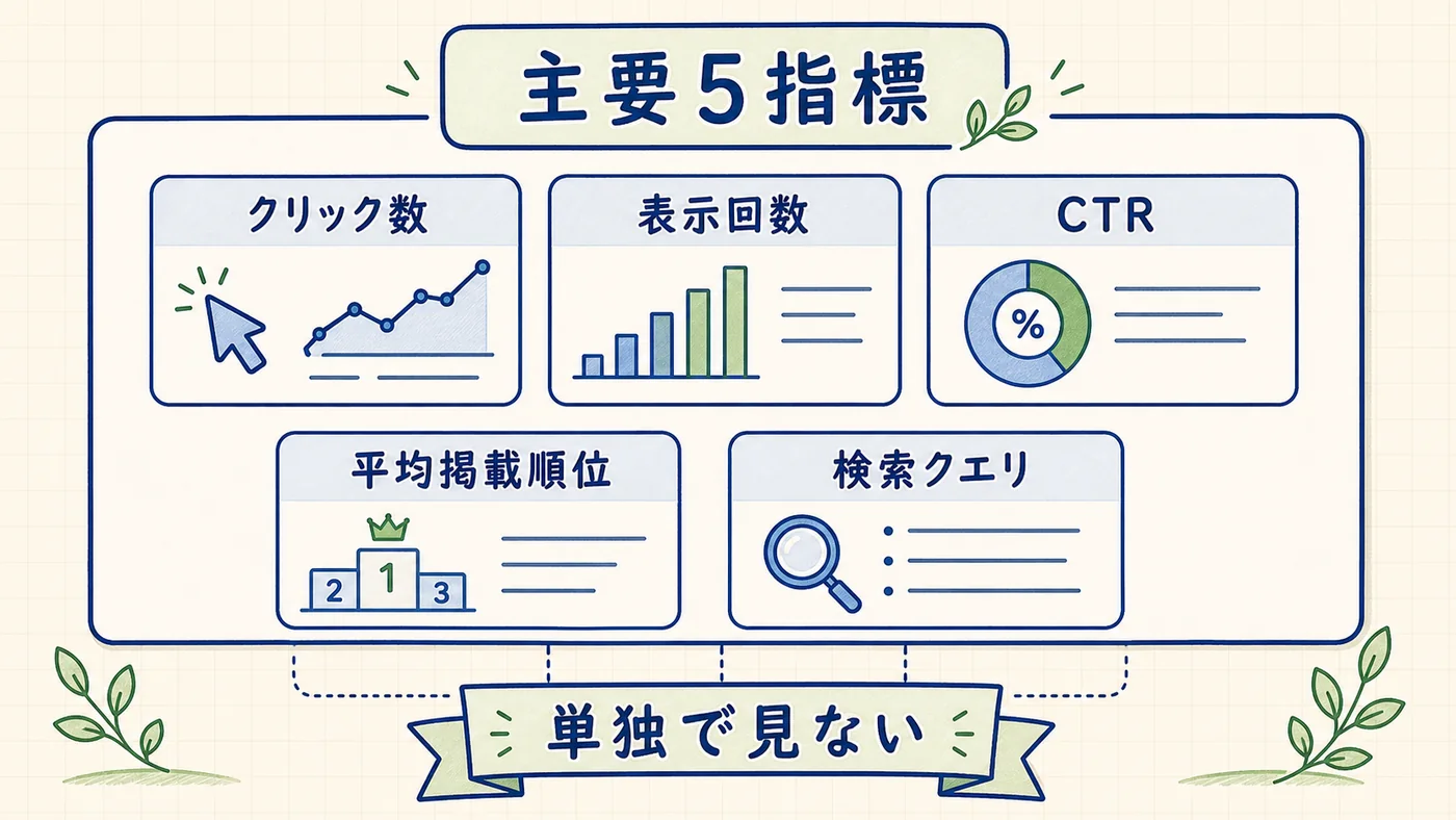 Search Consoleの主要5指標（クリック数・表示回数・CTR・平均掲載順位・クエリ）の定義と関係性を示す比較表型インフォグラフィック