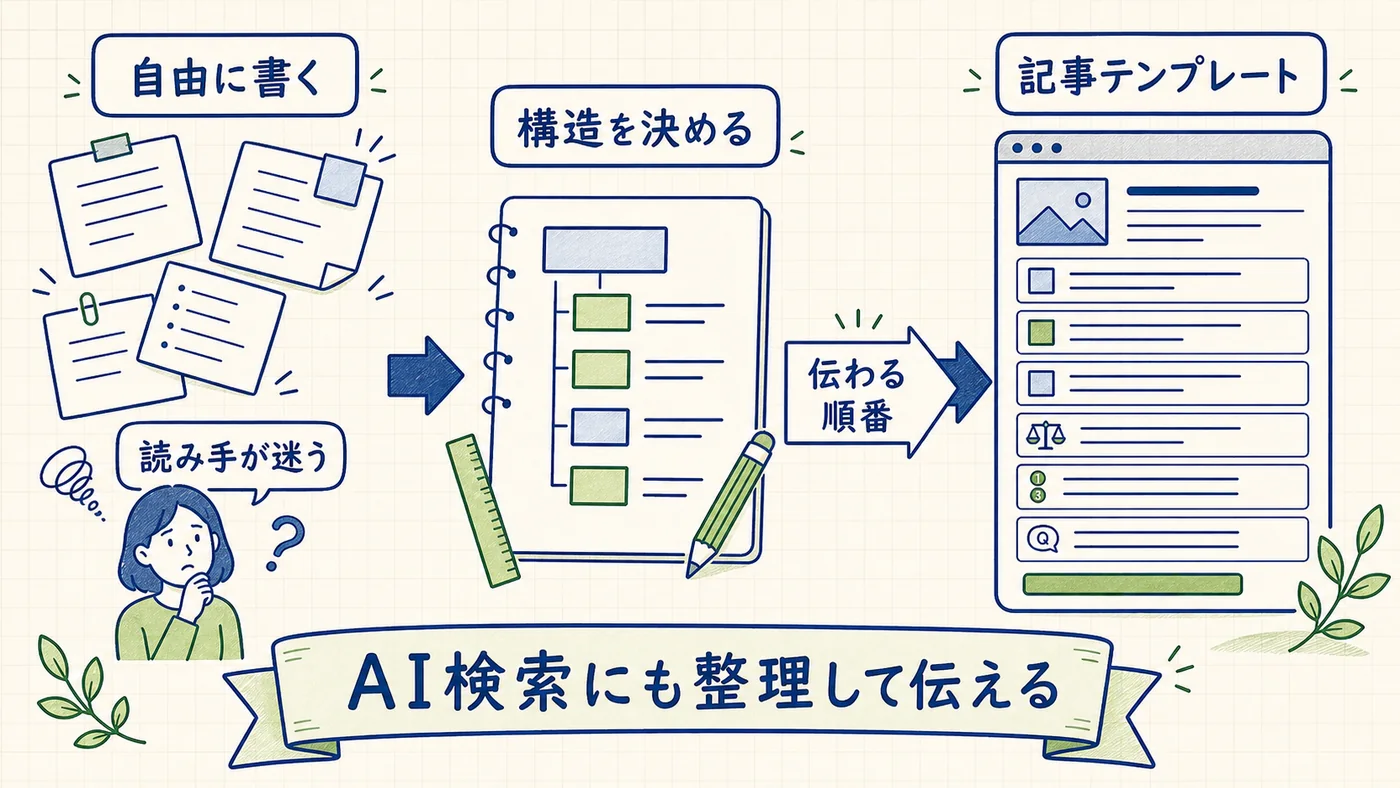 テンプレートなしの記事とテンプレートありの記事を左右で比較し、構成の整理度が読者とAIの理解に与える影響を示すインフォグラフィック