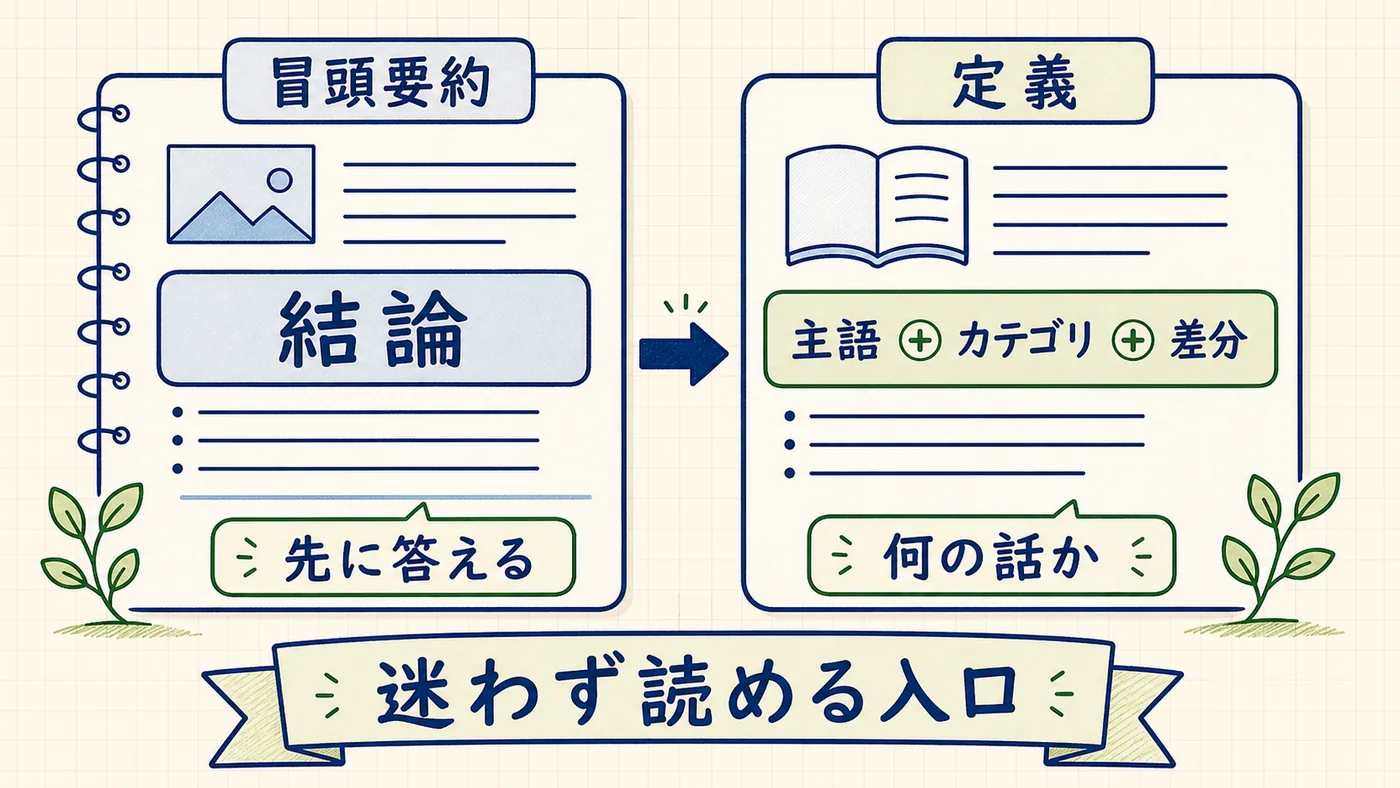 冒頭結論の4ステップと用語定義の5チェックポイントを左右に並べたインフォグラフィック