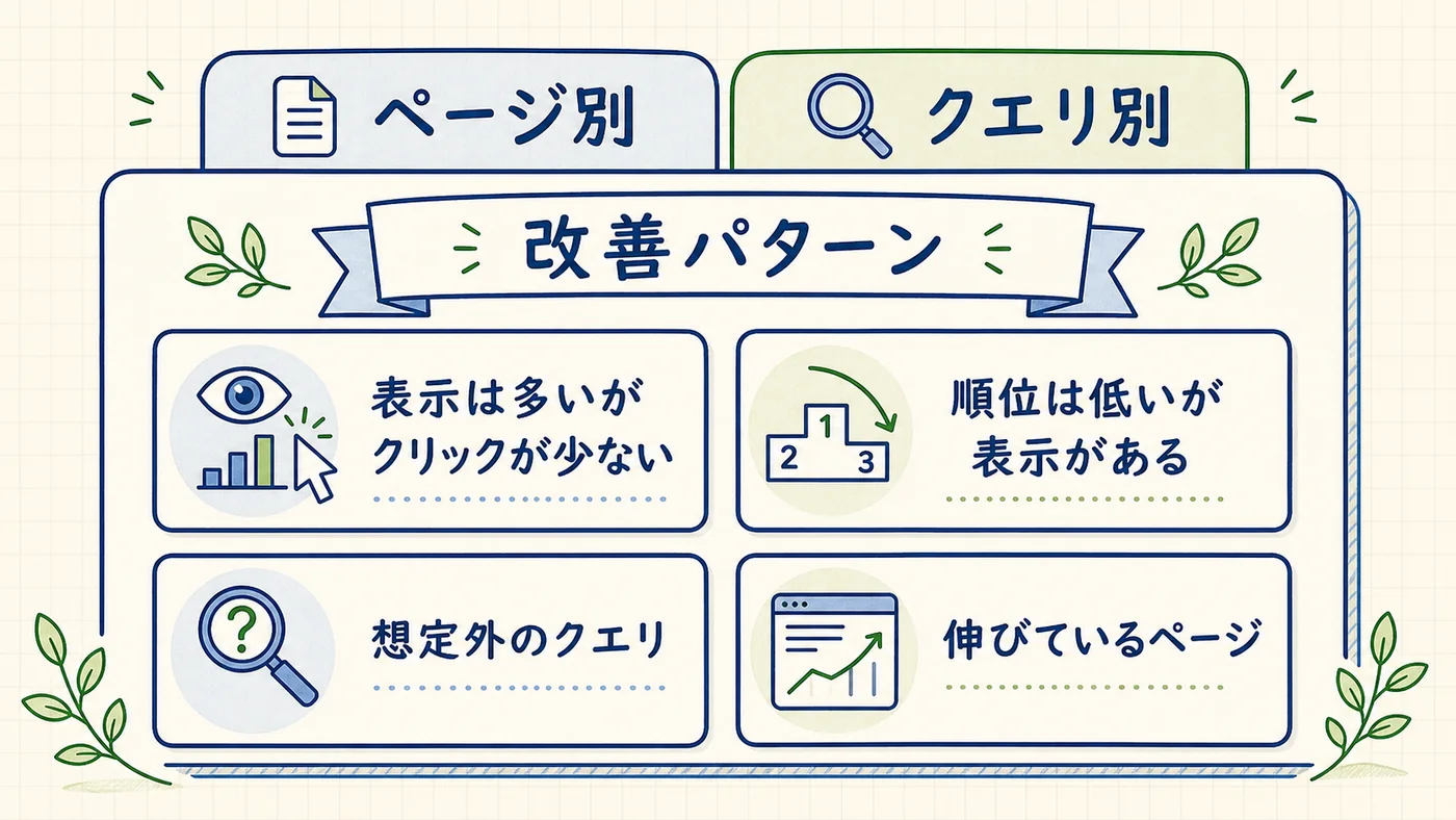 Search Consoleデータから導く4つの改善パターン（CTR低・順位11〜20位・想定外クエリ・クリック減少）と判断フローを示すインフォグラフィック
