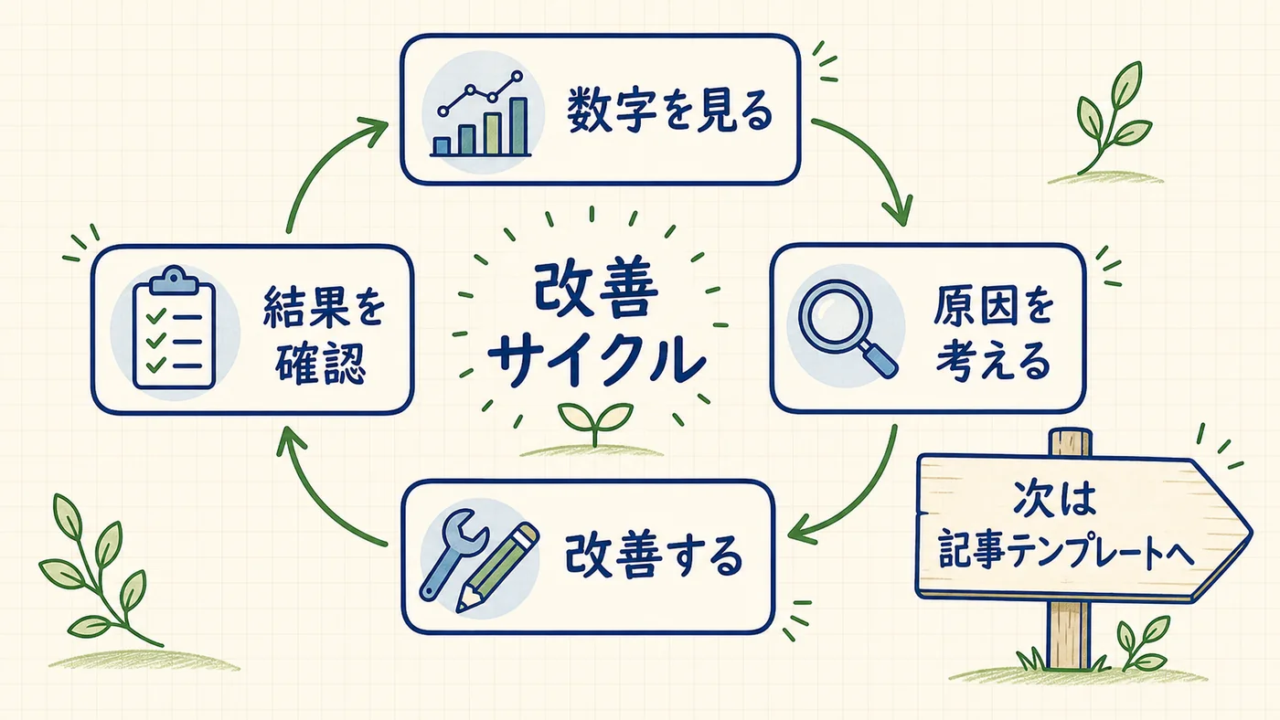 Search Console運用の改善サイクル（確認→分析→優先度判断→改善→再確認）と自社対応・外注判断の線引き