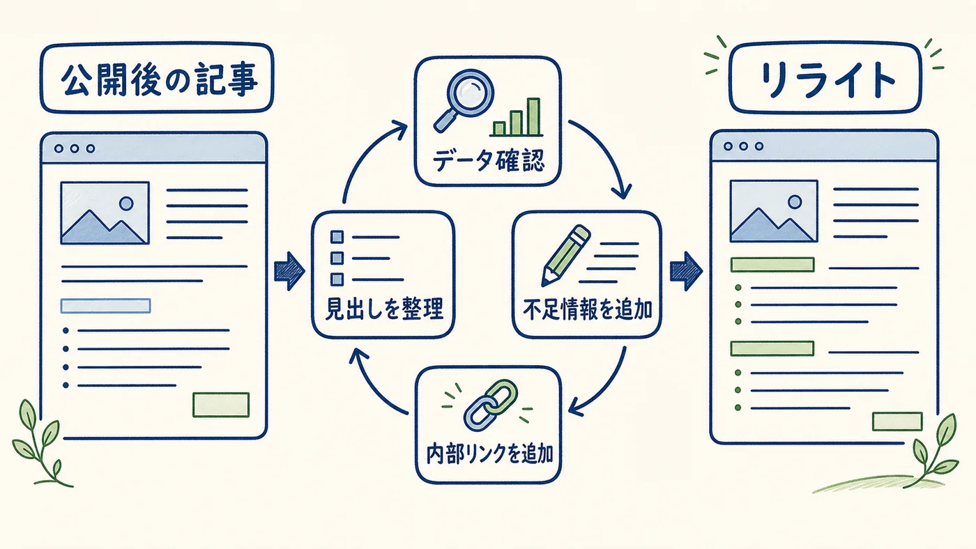 リライト優先順位の4パターンと具体的な作業内容を示したインフォグラフィック