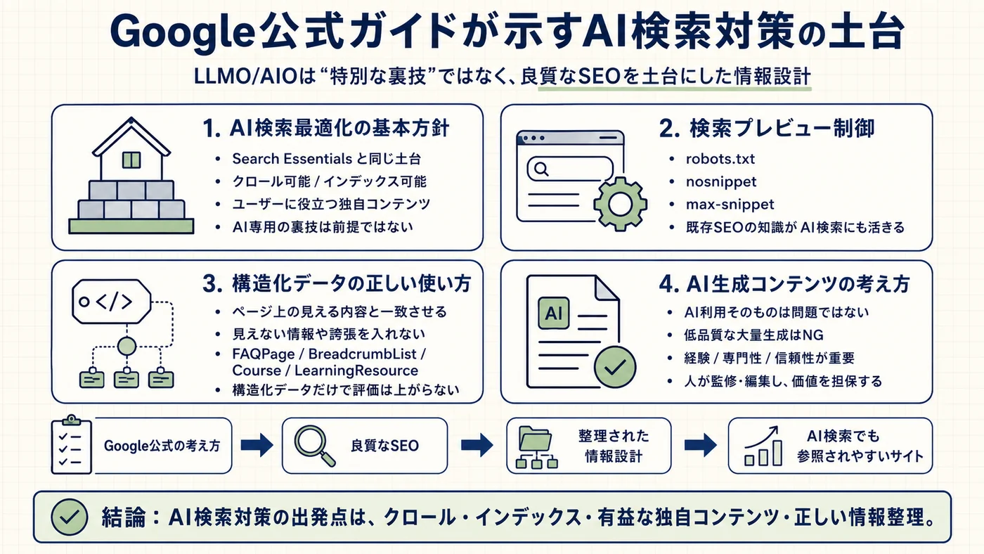 Google公式ガイドが示すAI検索対策の土台を整理した図解