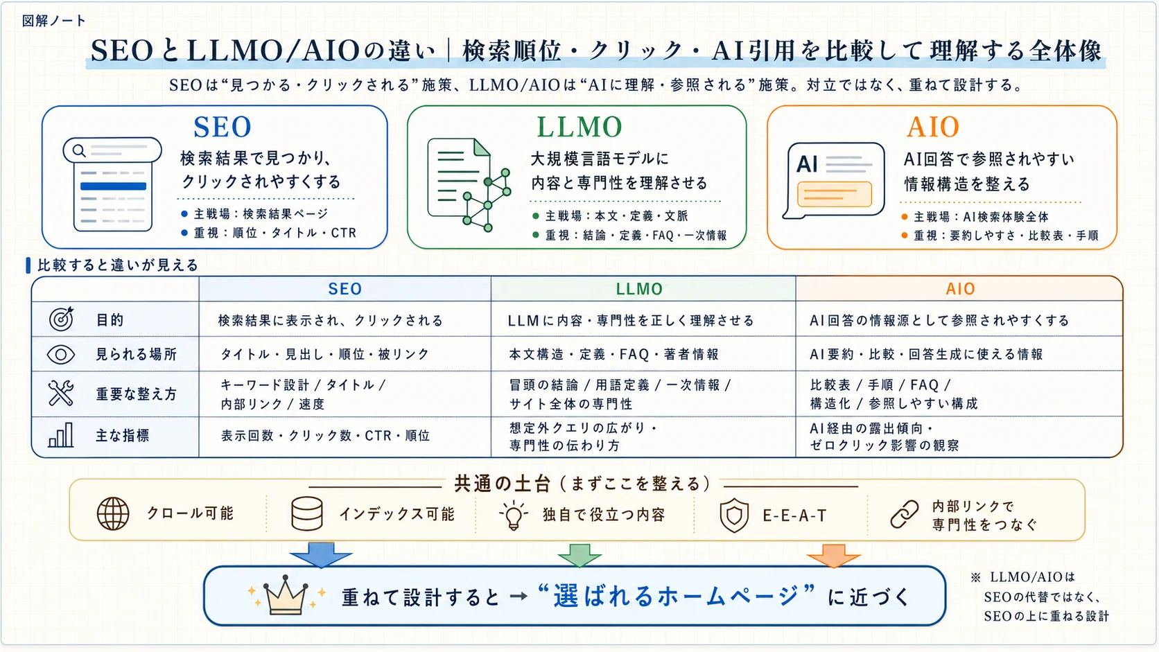 SEOとLLMO/AIOの違いを検索順位、クリック、AI引用の観点で比較した図解