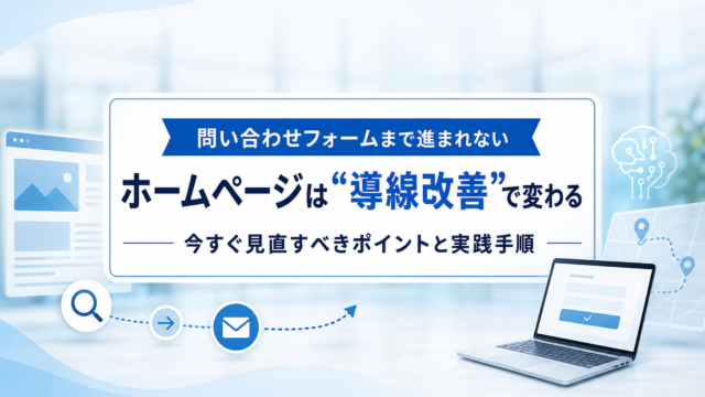 ホームページの問い合わせ導線を改善するイメージ画像（パソコン・スマホ・問い合わせフォームが描かれている）