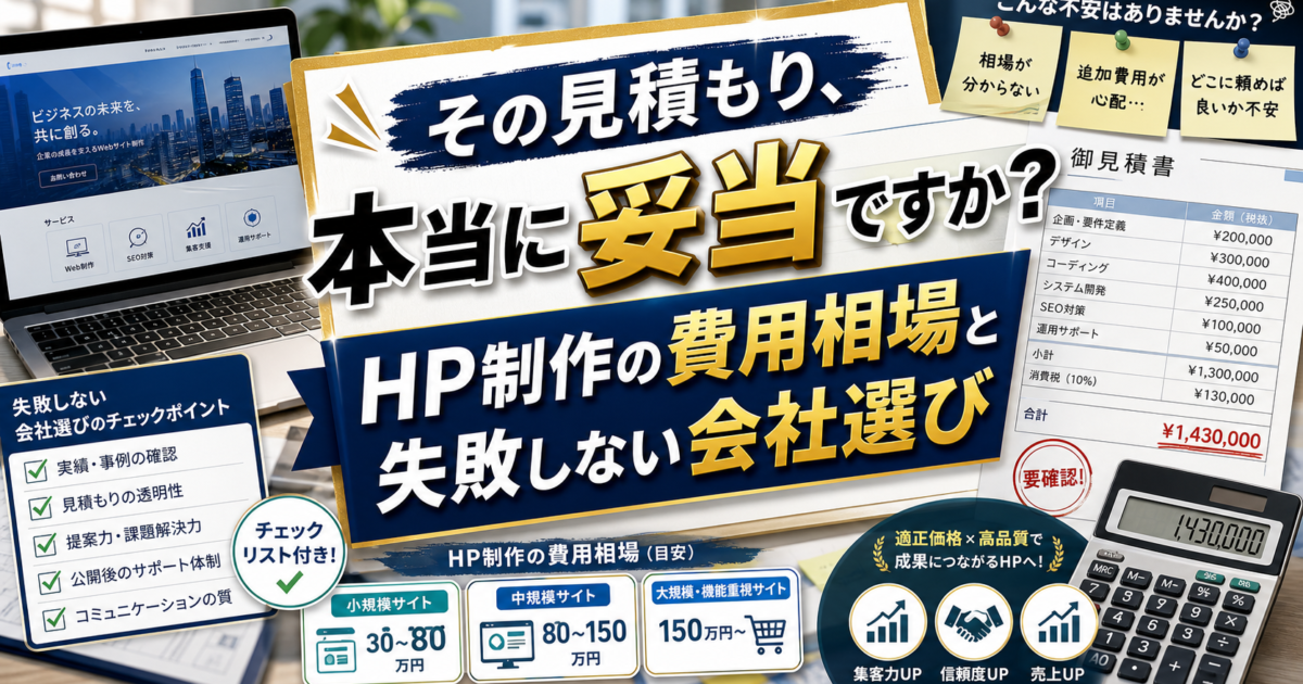 ホームページ制作の費用相場を徹底解説｜失敗しない制作会社の選び方5つのポイントのアイキャッチ