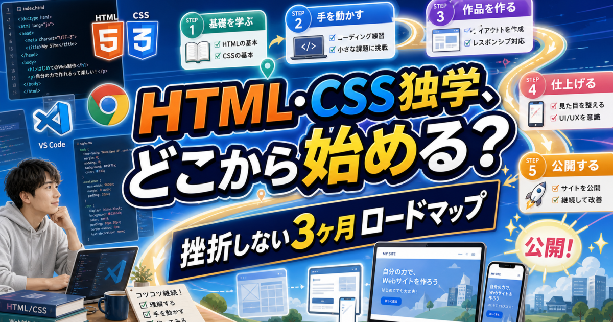 【初心者必読】HTML・CSSの独学ロードマップ2026——挫折しないホームページ制作の始め方のアイキャッチ