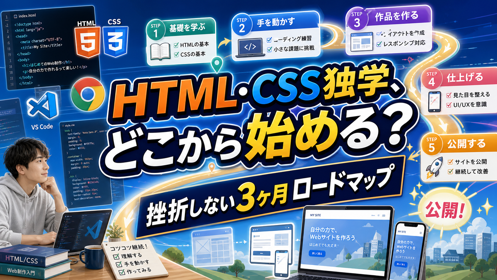 【初心者必読】HTML・CSSの独学ロードマップ2026——挫折しないホームページ制作の始め方のアイキャッチ