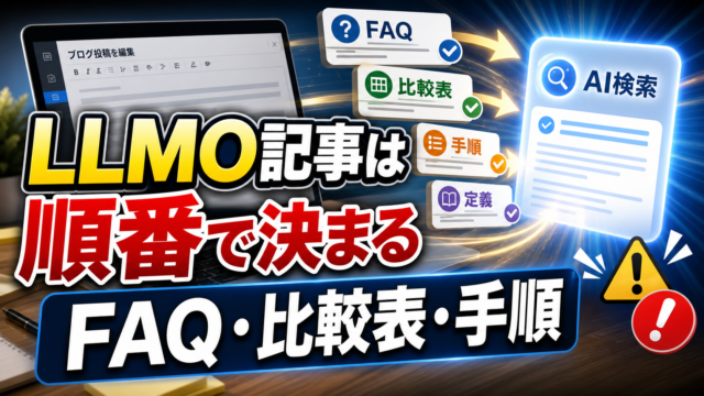 LLMO対策に強いブログ記事の作り方｜定義・FAQ・比較表・手順の入れ方のアイキャッチ画像