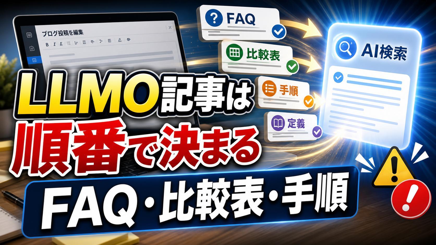 LLMO対策に強いブログ記事の作り方｜定義・FAQ・比較表・手順の入れ方のアイキャッチ画像