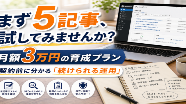 5記事テスト投稿で見極める！月額3万円ホームページ育成プランの実践的な進め方のアイキャッチ画像