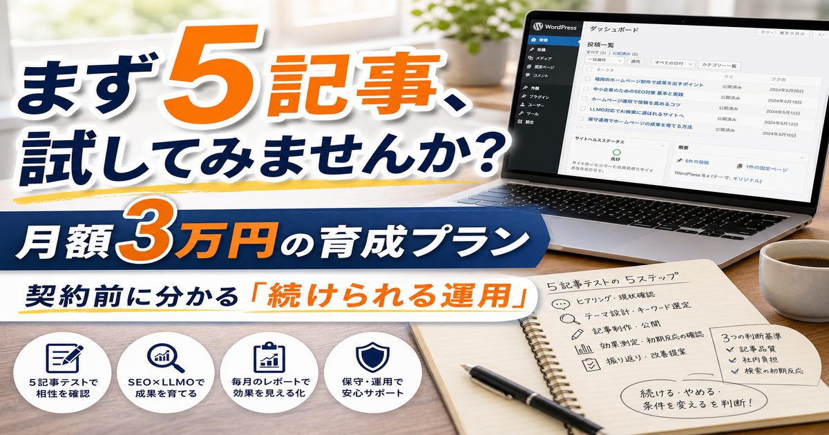5記事テスト投稿で見極める！月額3万円ホームページ育成プランの実践的な進め方のアイキャッチ画像