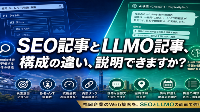 SEO記事とLLMO記事の構成は何が違う？福岡企業が押さえるべきGoogle検索とAI検索の評価視点のアイキャッチ画像