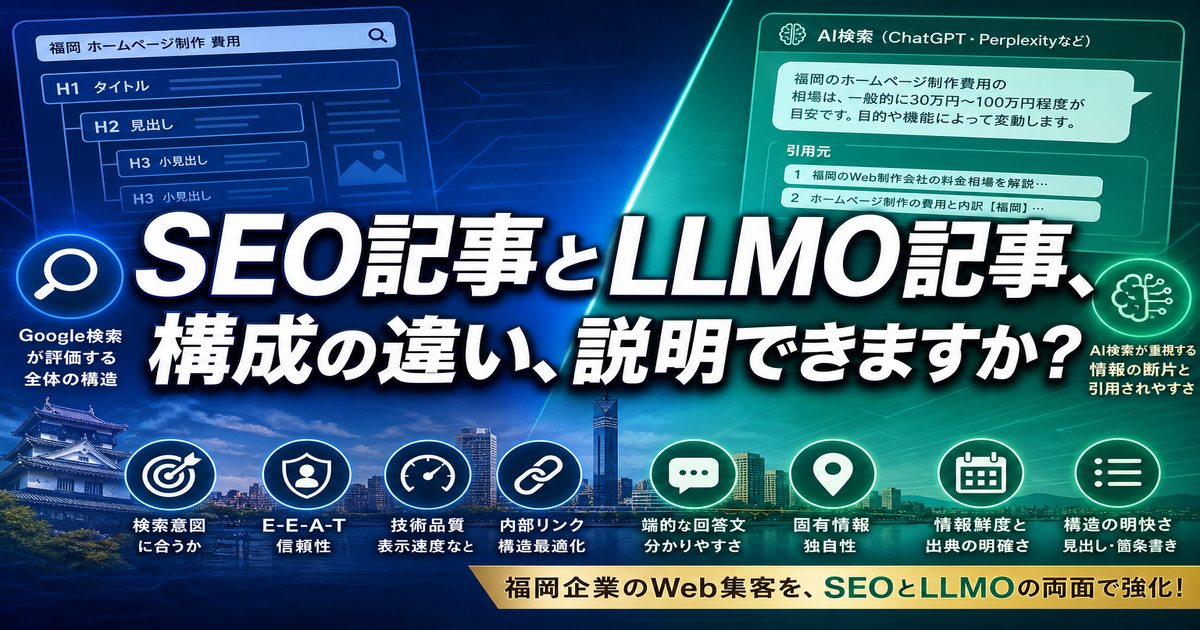 SEO記事とLLMO記事の構成は何が違う？福岡企業が押さえるべきGoogle検索とAI検索の評価視点のアイキャッチ画像
