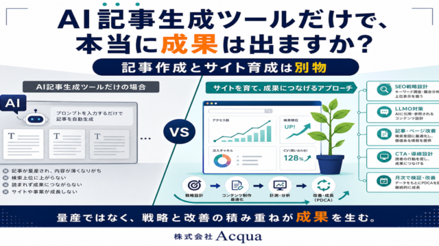 AI記事生成ツールとホームページ育成プランの本質的な違い｜SEO代行と継続運用、どちらが中小企業に適しているか？のアイキャッチ画像