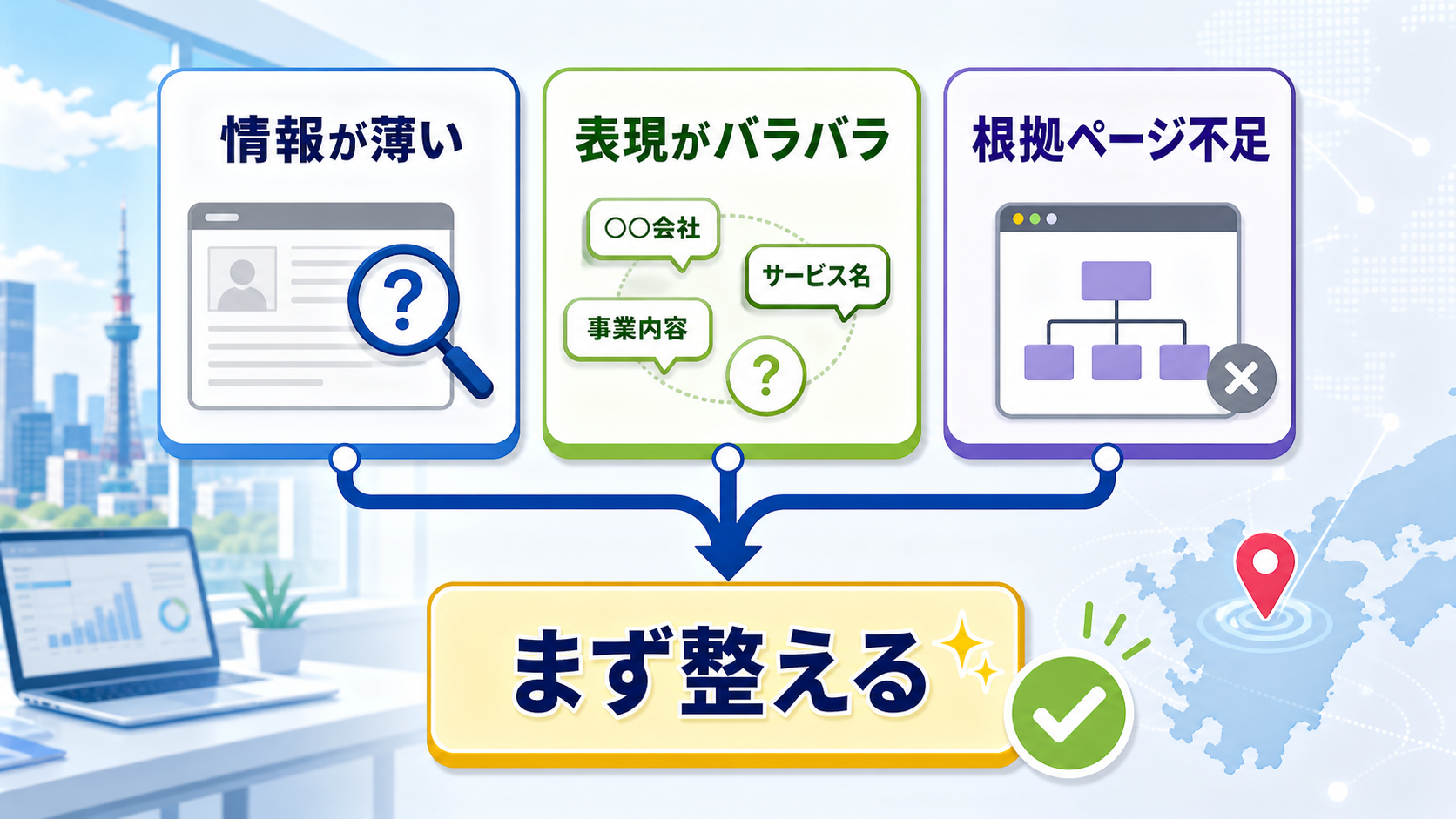 AI検索で会社名が出てこない理由として情報の薄さ、表現のズレ、根拠ページ不足を整理した図解