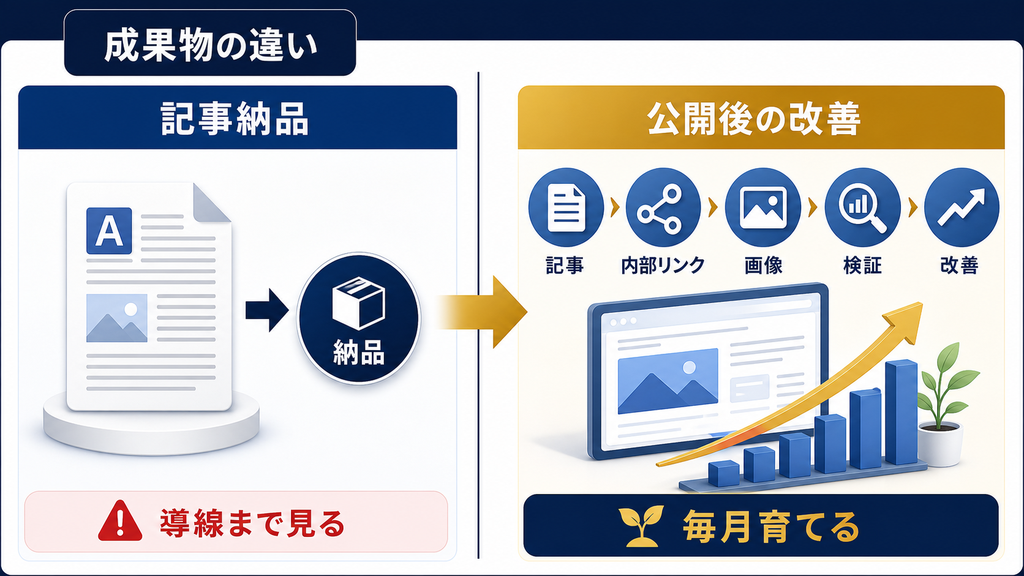 ブログ外注の記事納品とホームページ育成プランの継続改善責任の違いを比較する図解