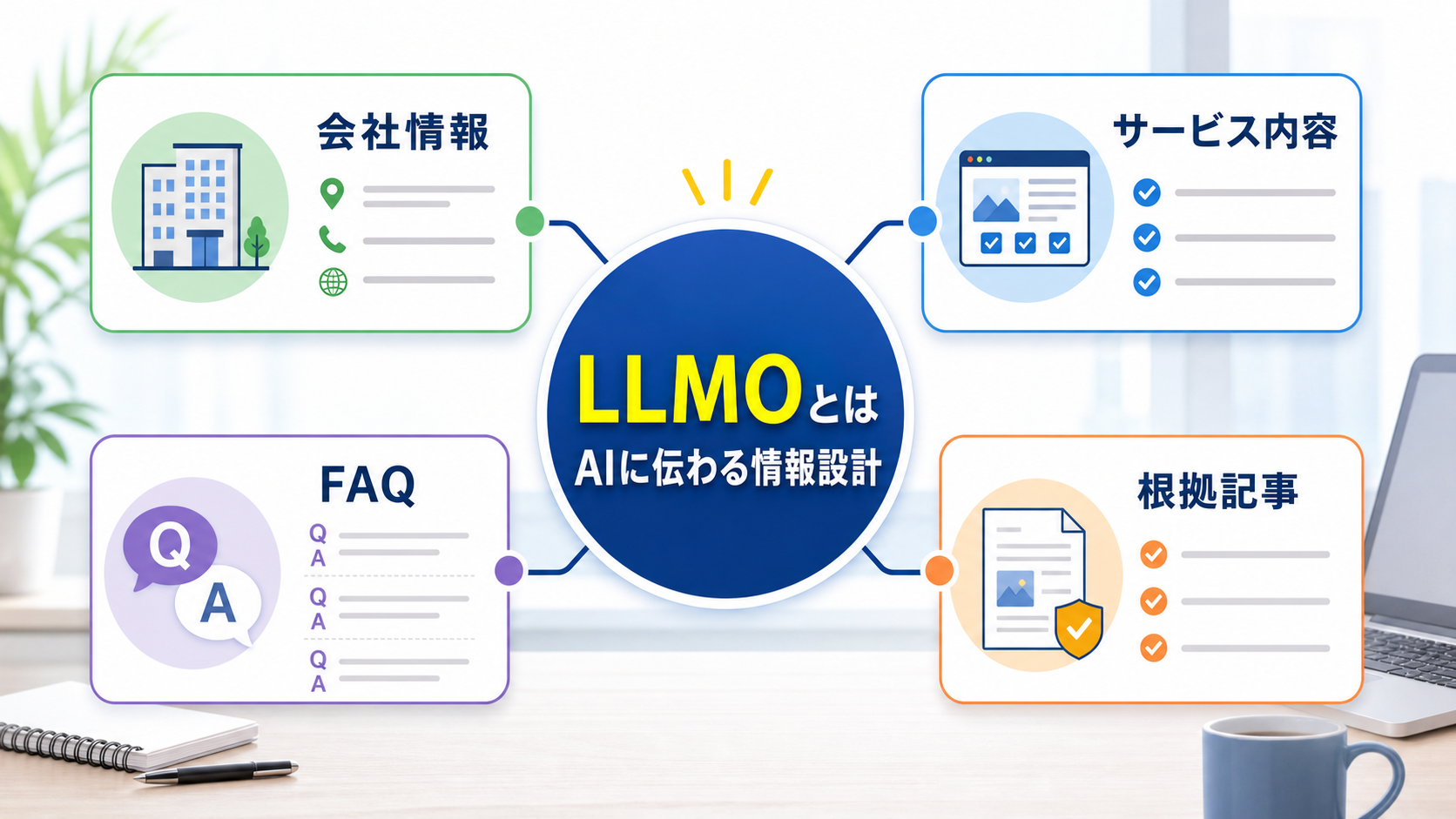 LLMOをAIに伝わる情報設計として会社情報、サービス内容、FAQ、根拠記事で説明した図解