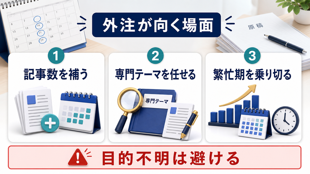 ブログ外注が記事数補完や専門テーマや繁忙期対応に向く場面を整理する図解