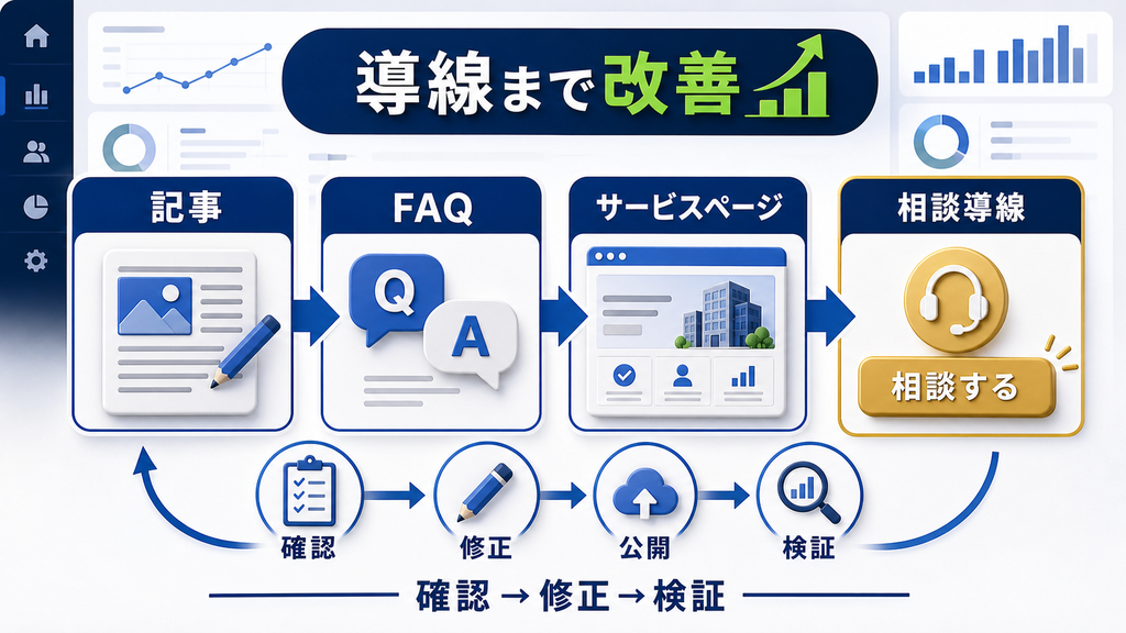 記事からFAQとサービスページと相談導線まで継続改善する流れの図解