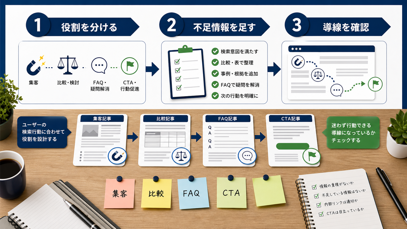 既存SEO記事をLLMO視点で改善する3ステップの図解