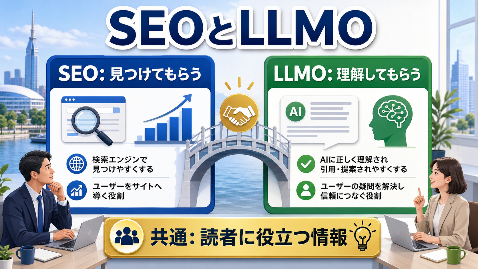 SEOは見つけてもらう、LLMOは理解してもらうという役割の違いを整理した図解
