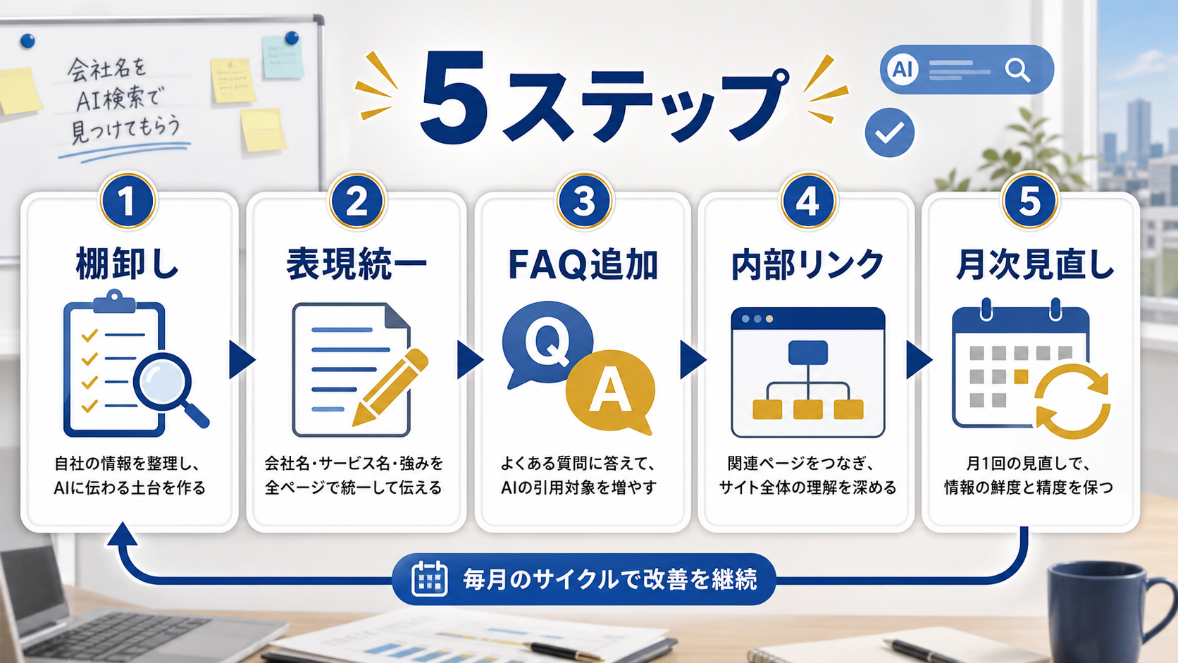 会社情報の棚卸しから月次見直しまでLLMOを始める5ステップの図解