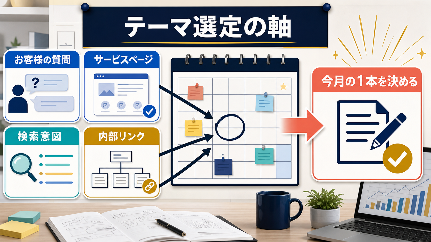記事テーマを読者の質問やサービス導線から選ぶ考え方の図解