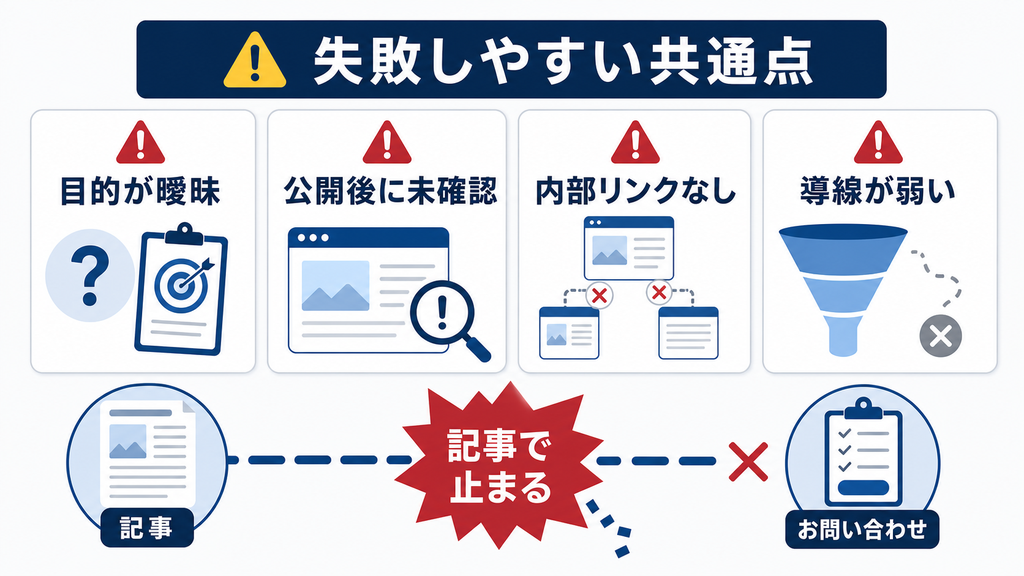 目的の曖昧さや内部リンク不足など外注記事だけで失敗しやすい共通点の図解