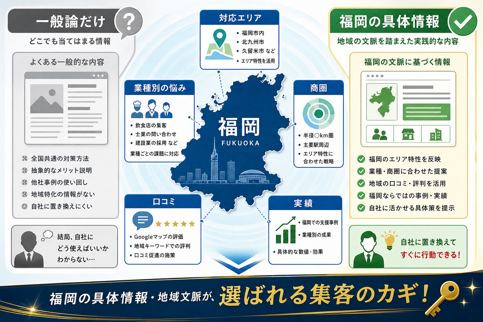福岡の地域情報が一般論との差別化につながることを整理した図解